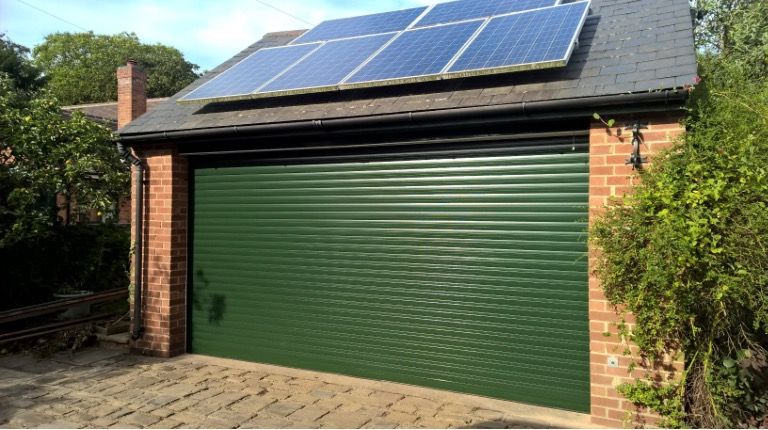 A green garage door
